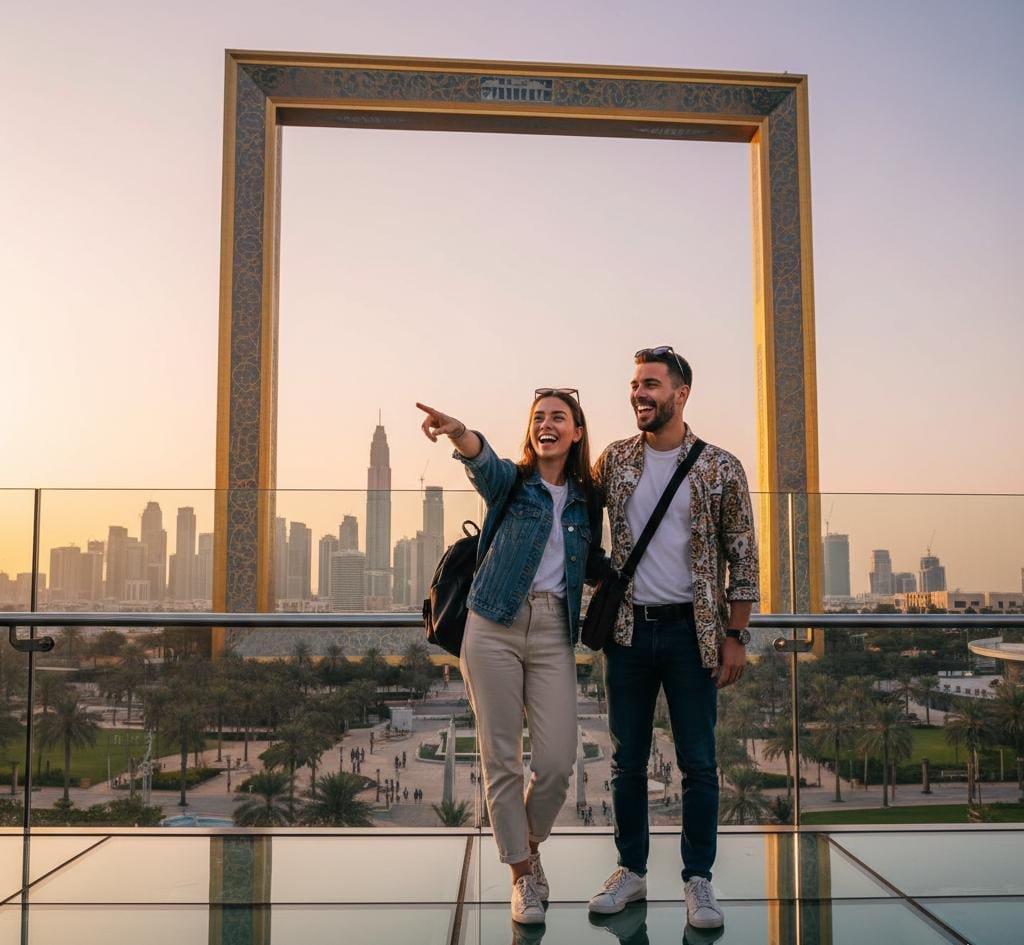Estudiantes disfrutando la vista en el Dubai Frame durante su intercambio