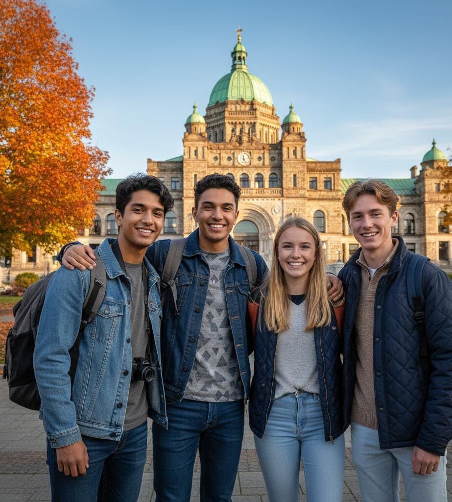 Grupo de estudiantes internacionales frente al Parlamento de Victoria, Columbia Británica, Canadá.